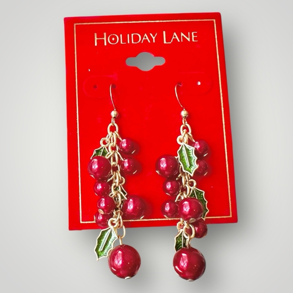 Drop Earrings Gold Tone Red Bead Green Enamel Mistletoe Holiday Lane Gift New - Picture 5 of 9